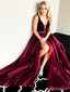 Simple V Neck Maroon Organza Prom Dresses with Slit and Velvet Top ARD2133