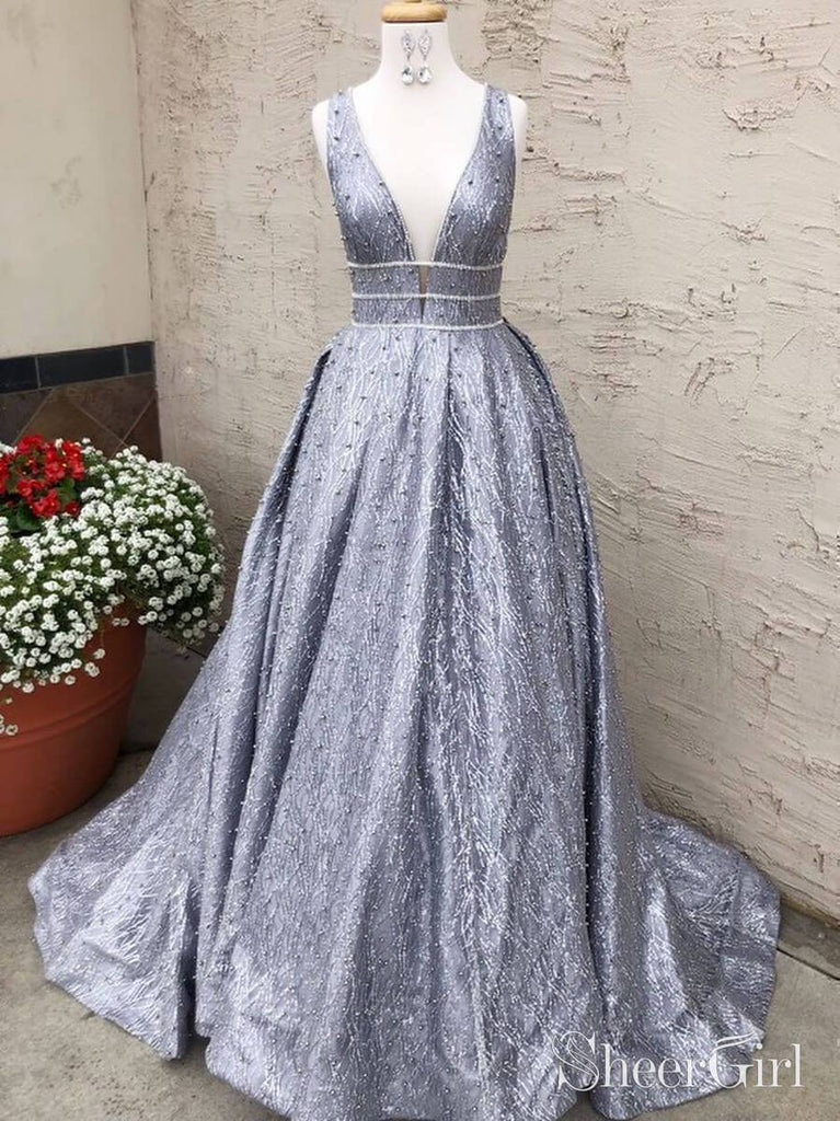 Simple V Neck Silver Long Prom Dresses Plus Size Ball Gown ARD1963-SheerGirl