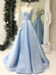 Simple V Neck Sky Blue Satin Long Prom Dresses with Pocket ARD1968