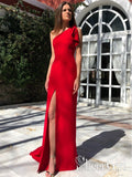 Single Shoulder Red Satin High Slit Prom Gowns Unique Designed Mermaid Prom Dress ARD2461-SheerGirl