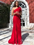 Single Shoulder Red Satin High Slit Prom Gowns Unique Designed Mermaid Prom Dress ARD2461-SheerGirl