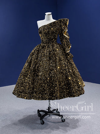 Single Shoulder Sequins Ball Gown Black Sparkly Short Prom Dress with Drama Flap ARD2852-SheerGirl