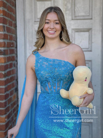 Single Shoulder Sparkly Turquoise Prom Dresses with Slit Sheath Formal Dress Party Dress ARD2905-SheerGirl