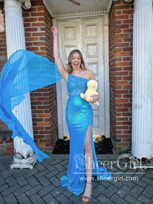 Single Shoulder Sparkly Turquoise Prom Dresses with Slit Sheath Formal Dress Party Dress ARD2905-SheerGirl