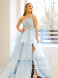 Single Shoulder Tiered Tulle Prom Dress,Sparkly Lace Appliqued Pageant Dress,ARD2912-SheerGirl