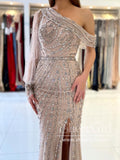 Single Sleeve Asymmetric Hand Sewed Beads Mermaid Prom Dress with High Slit ARD2695-SheerGirl