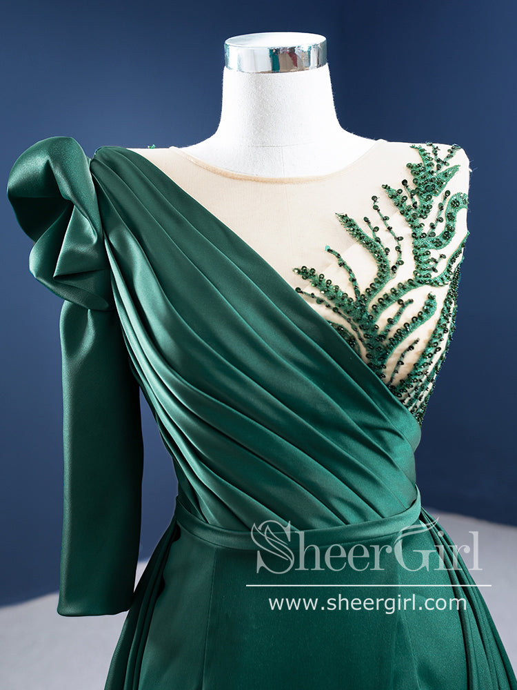 Single Sleeve High Slit Party Dress Dark Green Satin Prom Dress A Line Prom Gown ARD2855-SheerGirl