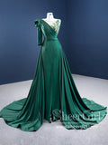 Single Sleeve High Slit Party Dress Dark Green Satin Prom Dress A Line Prom Gown ARD2855-SheerGirl