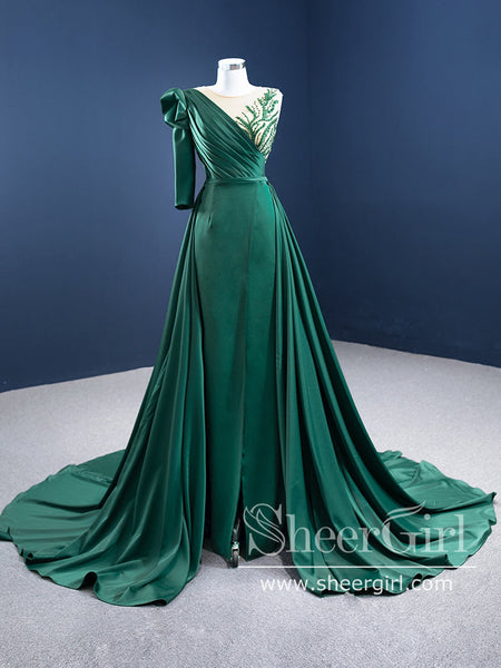Single Sleeve High Slit Party Dress Dark Green Satin Prom Dress A Line Prom  Gown ARD2855