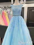 Sky Blue Appliqued Bateau Neckline Rhinestone Sash Ball Gown Long Prom Dress ARD2539-SheerGirl
