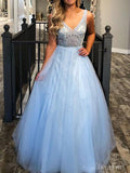Sky Blue Beaded Ball Gown Prom Dresses V Neck Junior Prom Dress ARD2184-SheerGirl
