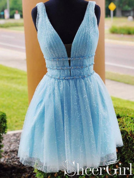 Sky Blue Beaded Graduation Dress Backless Homecoming Dresses ARD2371