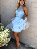 Sky Blue Beaded Homecoming Dresses High Neck Cute Short A Line Homecoming Dresses ARD1129-SheerGirl