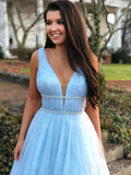 Sky Blue Beaded Long Prom Dresses Pearls Tulle Cute Prom Dress 2019 ARD1874-SheerGirl