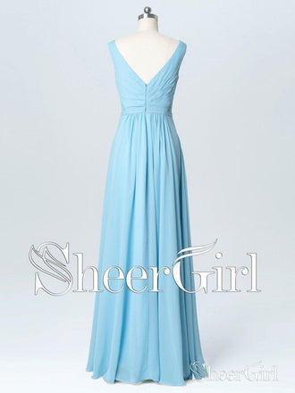 Sky Blue Bridesmaid Dresses for Women Pleated Long Formal Evening Dress APD3294-SheerGirl