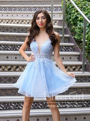 Sky Blue Cute Flower Sparkly Prom Dress V Neck Homecoming Dress ARD2759-SheerGirl