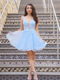 Sky Blue Cute Flower Sparkly Prom Dress V Neck Homecoming Dress ARD2759-SheerGirl
