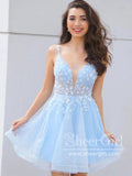 Sky Blue Cute Flower Sparkly Prom Dress V Neck Homecoming Dress ARD2759-SheerGirl