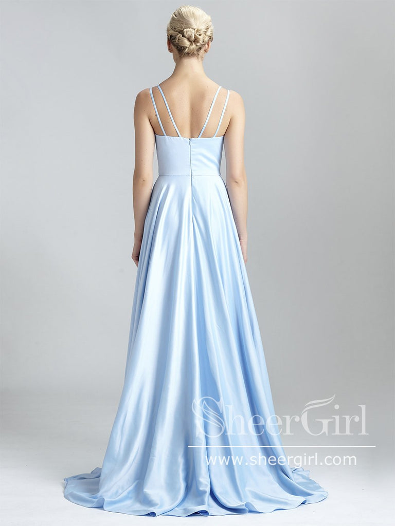 Sky Blue Double Spaghetti Straps High Slit Sexy Party Dress A Line Floor Length Satin Prom Dress ARD2574-SheerGirl