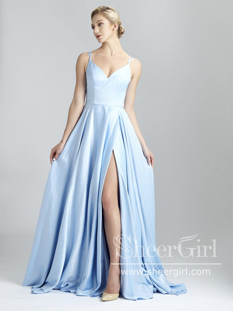 Sky Blue Double Spaghetti Straps High Slit Sexy Party Dress A Line Floor Length Satin Prom Dress ARD2574-SheerGirl