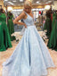 Sky Blue Floral Lace Prom Dresses V Neck Ball Gown Prom Dress ARD2195