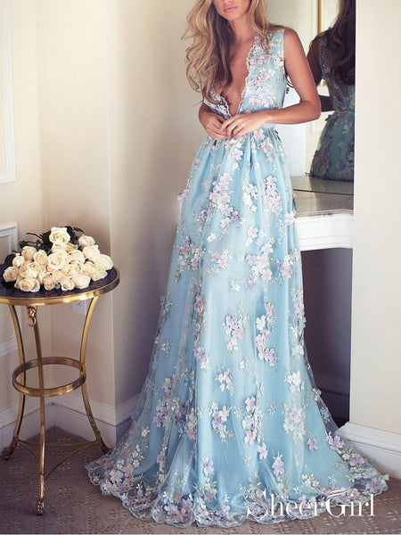 blue floral formal dresses Blue Fitted Maxi Long Floral Lace Formal Prom Evening Dress EN5606 Size 4 / Blue