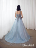 Sky Blue Formal Prom Dresses Long Lace Appliqued Gray Tulle Cheap Quinceanera Dresses 2018 APD3299-SheerGirl