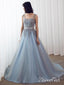 Sky Blue Formal Prom Dresses Long Lace Appliqued Gray Tulle Cheap Quinceanera Dresses 2018 APD3299