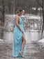 Nebesky modrá Sexy šifonové společenské šaty s vysokým rozparkem na ramínka s hlubokým výstřihem do V dlouhé plesové šaty ARD2576 