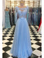 Nebesky modré krajkové a tylové dlouhé plesové šaty Levné formální společenské šaty ARD2117