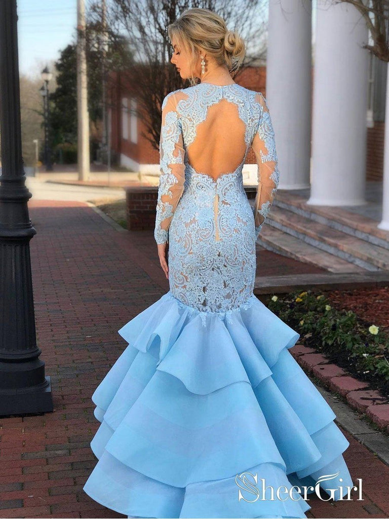 Sky Blue Long Sleeve Prom Dresses Lace Tiered Mermaid Bodycon Formal Evening Gowns APD3278-SheerGirl