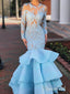 Sky Blue Long Sleeve Prom Dresses Lace Tiered Mermaid Bodycon Formal Evening Gowns APD3278
