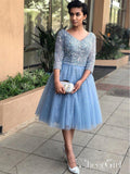 Sky Blue Mid Length Prom Dresses Long Sleeve Shiny Homecoming Dress ARD1463-SheerGirl