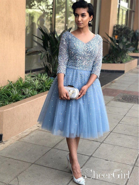 mid length homecoming dresses Sky Blue Mid Length Prom Dresses Long Sleeve Shiny Homecoming Dress ARD1463