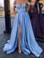 Sky Blue Off the Shoulder Simple Prom Dresses with Pockets and Slit ARD2153
