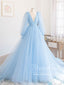 Sky Blue Puff Long Sleeves Plunge V Neck A Line Tulle Long Prom Dress ARD2808