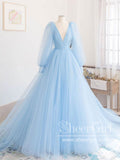 Sky Blue Puff Long Sleeves Plunge V Neck A Line Tulle Long Prom Dress ARD2808-SheerGirl