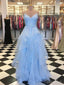 Nebesky modrá volánová sukně Promoční šaty Špagetový pásek Junior Prom šaty ARD2124