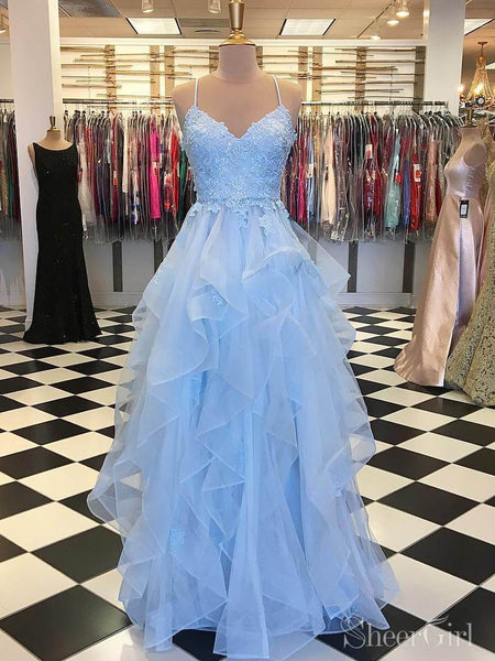 Prom Spaghetti Dresses Skirt Strap Blue Ruffle Junior Sky – Prom SheerGirl Dress A
