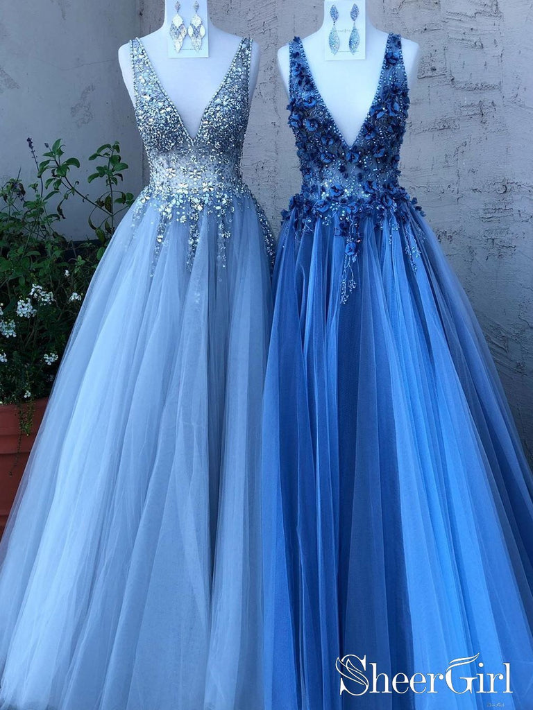 Sky Blue Sequis 3D Flower Prom Dresses A Line Deep V Neck Formal Dresses ARD2495-SheerGirl