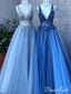 Sky Blue Sequis 3D Flower Prom Dresses A Line Deep V Neck Formal Dresses ARD2495