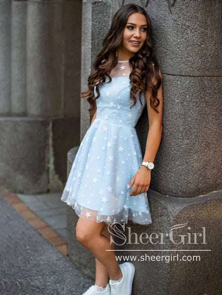 Sky Blue Silver Stars Sparkly Prom Dress Bateau Neck Homecoming Dress ARD2776 Sky Blue Silver Stars Sparkly Prom Dress Bateau Neck Homecoming Dress ARD2776