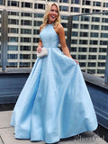 Sky Blue Simple Satin Long Prom Dresses Pearl Skirt Prom Dress with Pocket ARD1969-SheerGirl