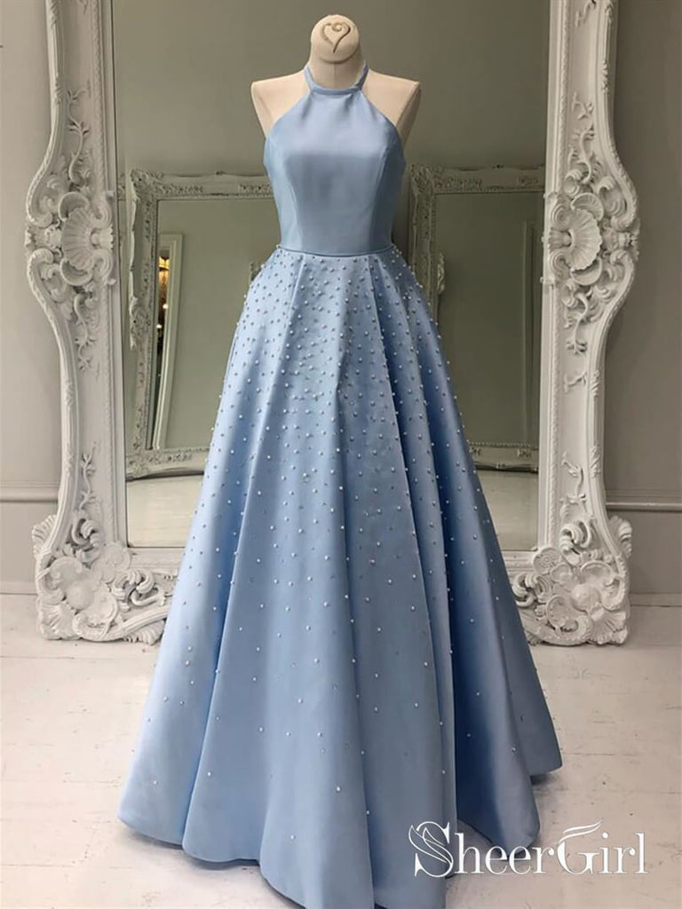 Sky Blue Simple Satin Long Prom Dresses Pearl Skirt Prom Dress with Pocket ARD1969-SheerGirl