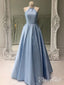 Nebesky modré jednoduché saténové dlouhé plesové šaty Plesové šaty s perlovou sukní s kapsou ARD1969