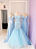 Sky Blue Spaghetti Straps Appliqued Mermaid Prom Dress Ruffle Skirt Formal Dress ARD2543-SheerGirl