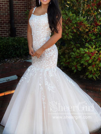 Sky Blue Spaghetti Straps Appliqued Mermaid Prom Dress Ruffle Skirt Formal Dress ARD2543-SheerGirl