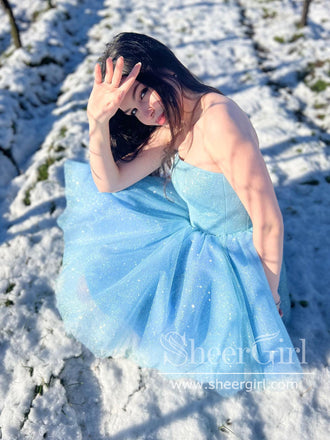 Sky Blue Strapless Sparkly Homecoming Dress Knee Length Short Prom Dress ARD2891-SheerGirl