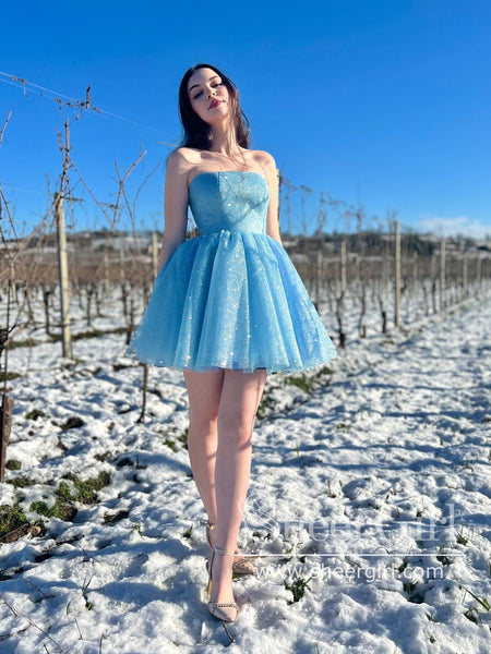 Sky Blue Strapless Sparkly Homecoming Dress Knee Length Short Prom Dre –  SheerGirl