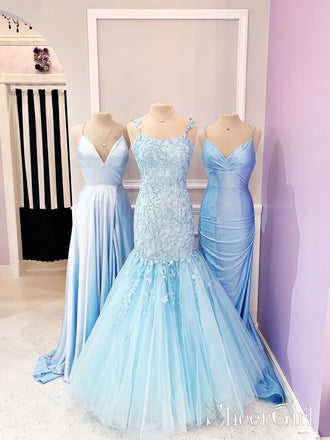 Sky Blue Wraped V Neckline Mermaid Party Dress Rhinestones Decorated Long Prom Dress ARD2544-SheerGirl